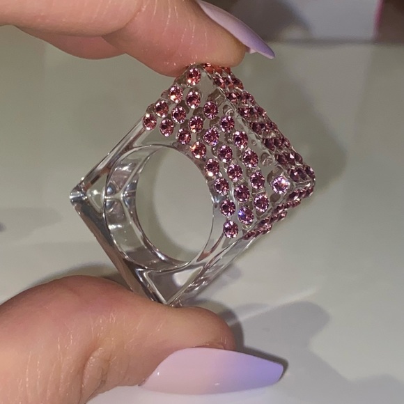 Clear Acrylic Ring With Pink Swarovski Crystals, Geometric Square Art Deco Ring - Picture 6 of 11